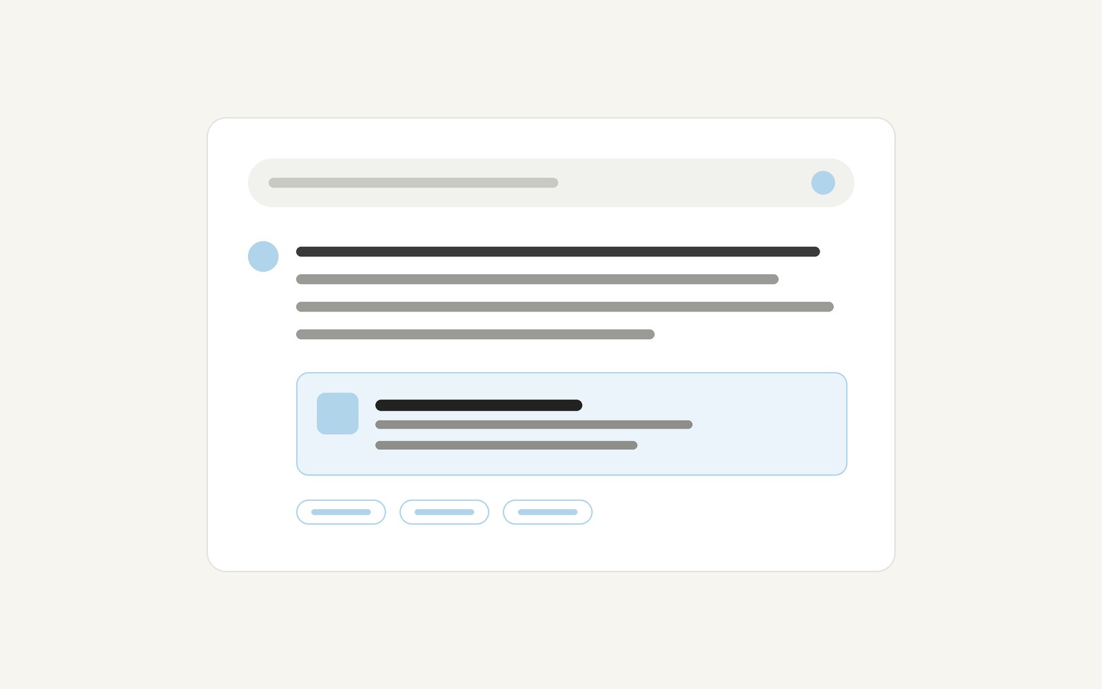Abstract answer card with placeholder bars, suggesting an AI answer