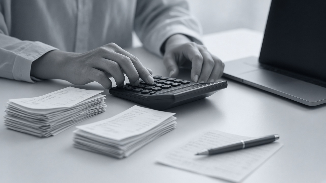 Bookkeeper reviewing invoices and financial reports