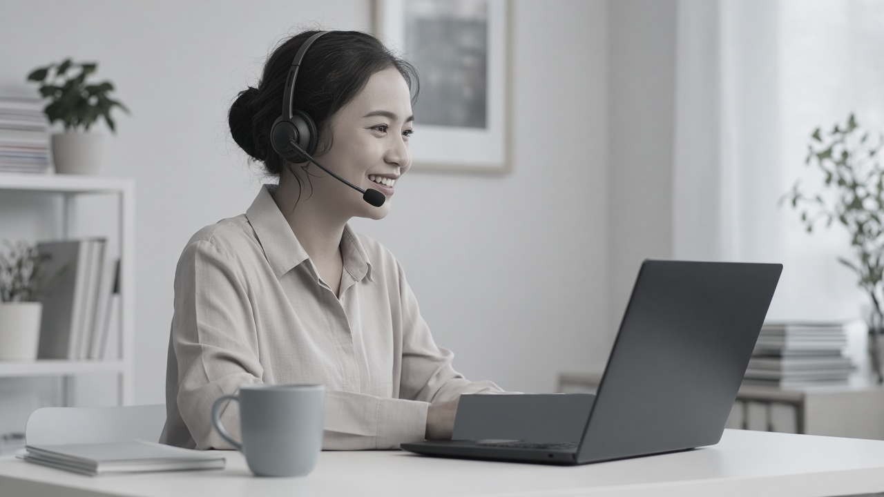 Client success assistant on a headset supporting a client