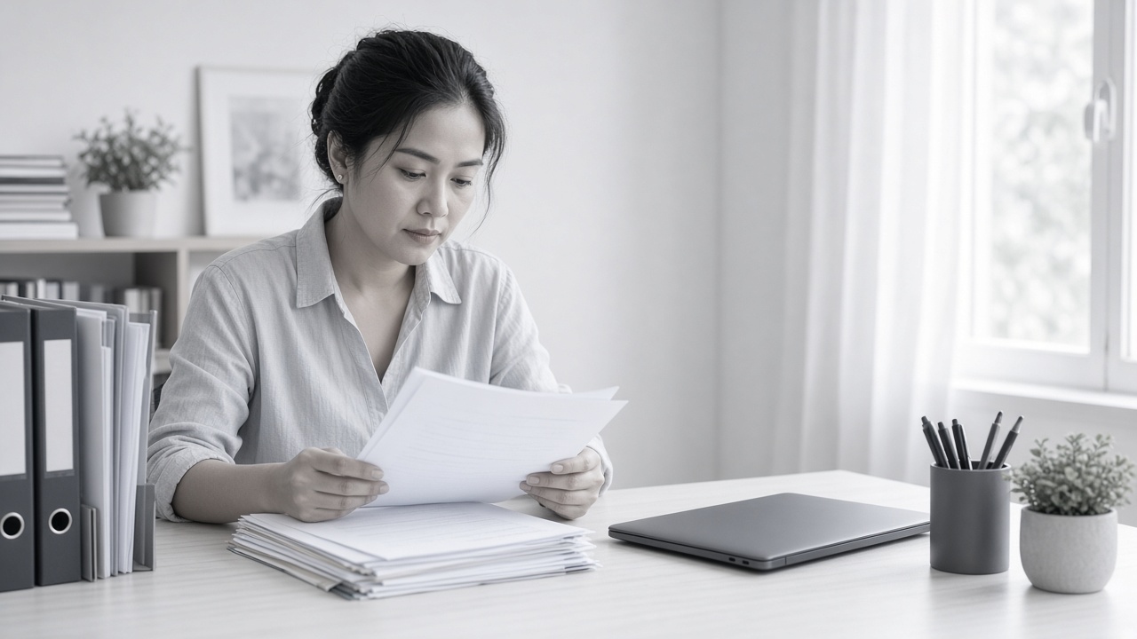 Remote paralegal reviewing legal documents at a desk
